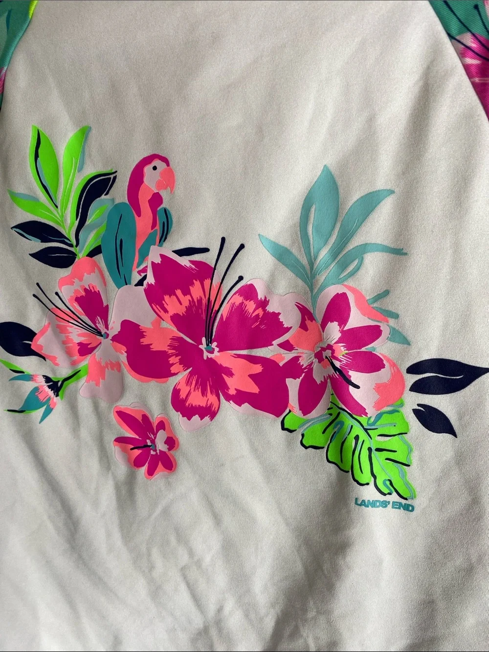 Lands' End White Raglan Rashguard Swim Top with Tropical print Sleeves & Neon